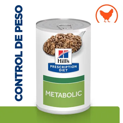 Lata de Hill's Prescription Diet Metabolic con texto 'CONTROL DE PESO' y símbolo de pollo naranja. Etiqueta visible: METABOLIC.
