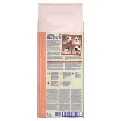 Rückseite der PURINA DOG CHOW Verpackung mit Textinformationen und vier Fotos eines weißen Hundes mit braunen Flecken. Gewicht: 14 kg.