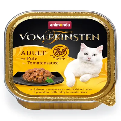 Adult food with turkey in tomato sauce, grain-free, shown in a tray with product image and serving suggestion.