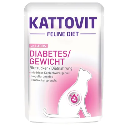 Kattovit Feline Diet mit Lachs, Diabetes/Gewicht. Blutucker/Diätnahrung: niedriger Kohlenhydratgehalt, Regulierung des Blutzuckerspiegels. Text på tyska.