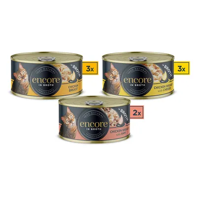 Encore In Broth kattefoder: 3x kyllingebryst, 3x kyllingebryst med ost, 2x kyllingebryst med skinke. 100% naturlige ingredienser.
