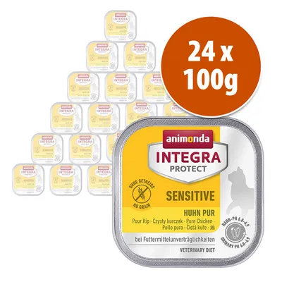 Pack de 24 tarrinas de 100 g de animonda Integra Protect Sensitive Huhn Pur, sin cereales, pollo puro. Texto visible: 'Urinary pH 6,3–6,9', 'Veterinary Diet'.