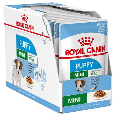 Royal Canin Puppy Mini märkäruoka, 85 g annospussit, aikuispaino enintään 10 kg, pakkauksessa koiranpentukuva ja ruoka-annoskuva