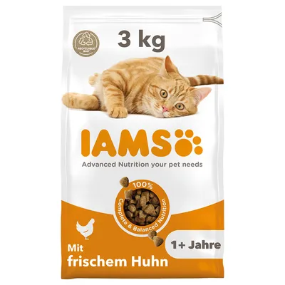 IAMS comida para gatos con pollo fresco, 3 kg, para gatos a partir de 1 año. 100% nutrición equilibrada. Envase reciclable.