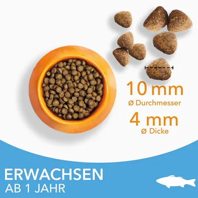 Trockenfutter für Erwachsene ab 1 Jahr. Krokettengrösse: Durchmesser 10 mm, Dicke 4 mm. Abgebildet in einer orangefarbenen Schale mit Fischsymbol unten rechts.