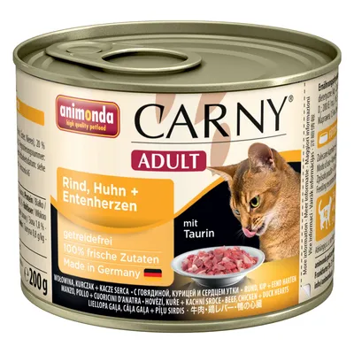 animonda CARNY ADULT Rind, Huhn + Entenherzen, getreidefrei, 100% frische Zutaten, Made in Germany, mit Taurin, 200g Dose Katzenfutter abgebildet.
