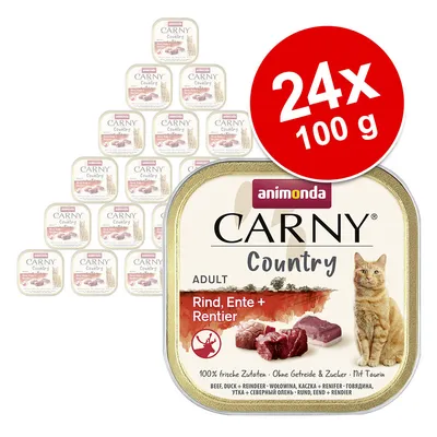Pachet 24 x 100 g Animonda Carny Country Adult, Rind, Ente + Rentier. Imaginea arată cutii cu eticheta: vită, rață și ren, plus o pisică și textul '100% frische Zutaten'.