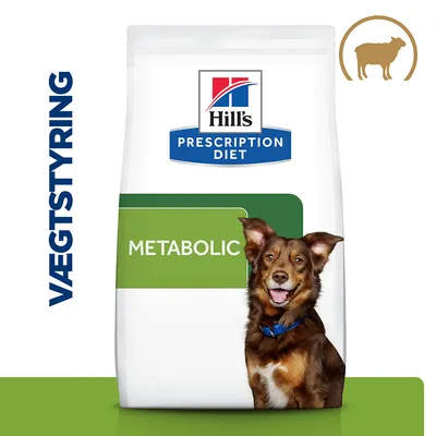 Hill's Prescription Diet Metabolic hundefoderpose med teksten VÆGTSTYRING og billede af hund. Grøn markering og ikon af får øverst til højre. Hill's Prescription Diet Metabolic hundefoderpose med teksten VÆGTSTYRING og billede af hund. Grøn markering og ikon af får øverst til højre.