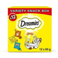 Dreamies Variety Snack Box, 12 x 60 g. Illustraties van kip-, kaas- en zalmsmaak, elk 4 stuks. Tekst: VARIETY SNACK BOX, x12, Dreamies.