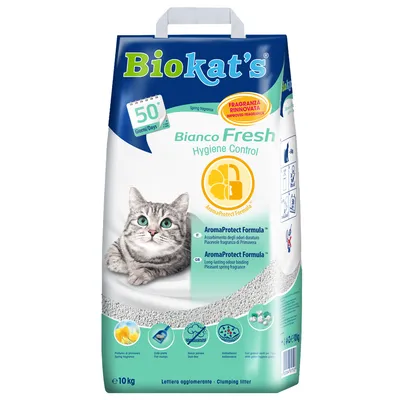 Biokat's Bianco Fresh Hygiene Control, AromaProtect Formula, Frischeduft für 50 Tage, verbesserte Duftnote, klumpende Streu, 10 kg, mit Katze abgebildet.