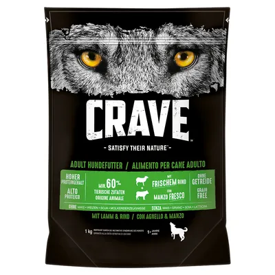 Balenie krmiva pre psov CRAVE, viditeľný text: Satisfy Their Nature, min. 60 % živočíšnych zložiek, s čerstvým hovädzím, bez obilnín, s jahňacím a hovädzím, 1 kg.