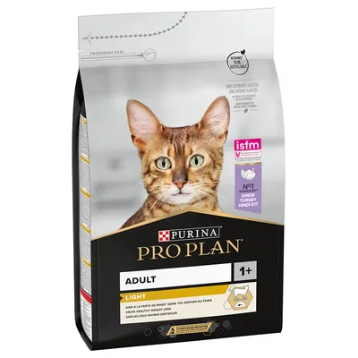 Purina Pro Plan Adult Light cibo per gatti, ingrediente principale tacchino, supporta la perdita di peso sana. Certificato ISFM, confezione riciclabile.