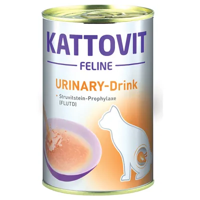 Kattovit Feline Urinary-Drink, struviittikivien ehkäisy (FLUTD), tölkki oranssilla designilla ja kissan siluetilla.