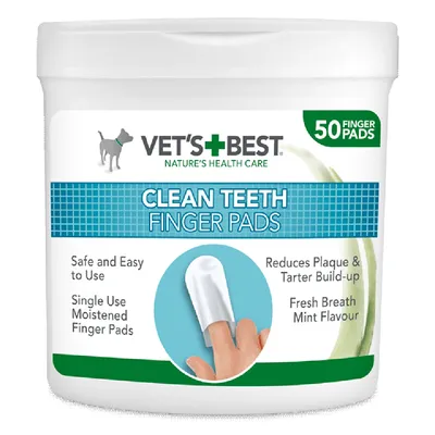 VET'S BEST CLEAN TEETH FINGER PADS, 50 finger pads. Safe and Easy to Use, Single Use Moistened Finger Pads, Reduces Plaque & Tarter Build-up, Fresh Breath Mint Flavour.