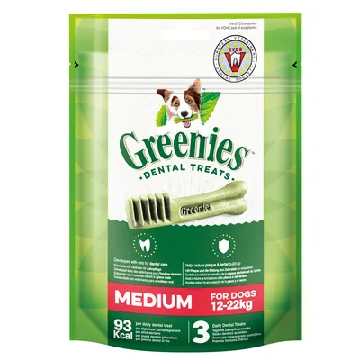 Greenies Dental Treats Medium dla psów 12-22 kg, 93 kcal na przekąskę, codzienna pielęgnacja zębów, redukuje płytkę i kamień nazębny. Certyfikat EVDS akceptacji stomatologicznej.