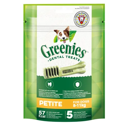 Greenies Dental Treats Petite für Hunde 8-11kg, täglicher Zahnpflegesnack, 57 kcal pro Snack, Packung enthält 5 Stück. EVDS-Siegel für Zahnpflege.