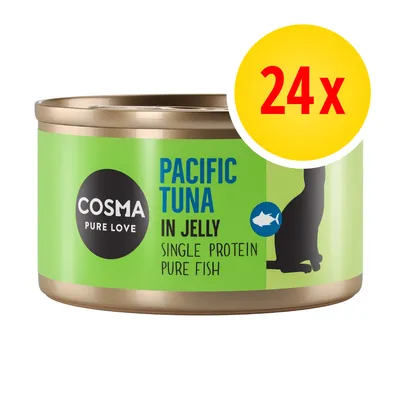 Cosma Pure Love Pacific Tuna in Jelly, single protein pure fish, pack of 24 cans shown on label
