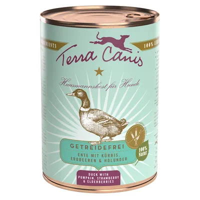 Terra Canis Hausmannskost für Hunde, getreidefrei. Ente mit Kürbis, Erdbeeren & Holunder. 100 % Natur. Duck with pumpkin, strawberry & elderberries.