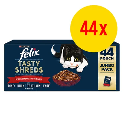 Purina Felix Tasty Shreds, Geschmacksvielfalt vom Land mit Rind, Huhn, Truthahn, Ente in Sauce. Jumbo Pack mit 44 Pouches. Purina Felix Tasty Shreds, Geschmacksvielfalt vom Land mit Rind, Huhn, Truthahn, Ente in Sauce. Jumbo Pack mit 44 Pouches.