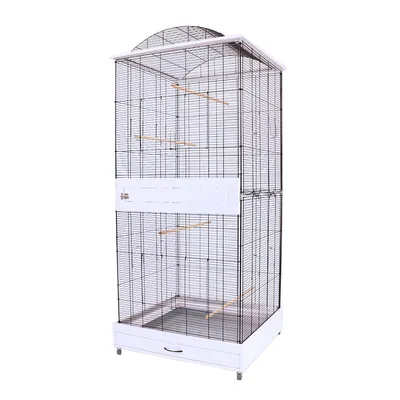 Large bird cage with metal grid walls, white frame, several wooden perches and a drawer at the bottom.