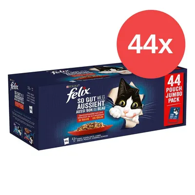 Felix So gut wie es aussieht, variedad de sabores de campo en gelatina, pack jumbo de 44 sobres. Variedades: ternera, pollo, pato, cordero. Felix So gut wie es aussieht, variedad de sabores de campo en gelatina, pack jumbo de 44 sobres. Variedades: ternera, pollo, pato, cordero.