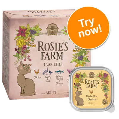 Rosie's Farm 4 varieties adult cat food, visible flavours: Chicken, Turkey & Duck, Salmon, Chicken & Shrimp, Lamb & Chicken. Pack and tray shown. Orange badge reads 'Try now!'.