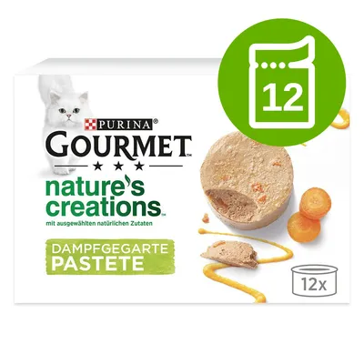 Purina Gourmet nature's creations Dampfgegarte Pastete, opakowanie 12 sztuk. Na opakowaniu zdjęcie pasztetu z marchewką i białego kota.