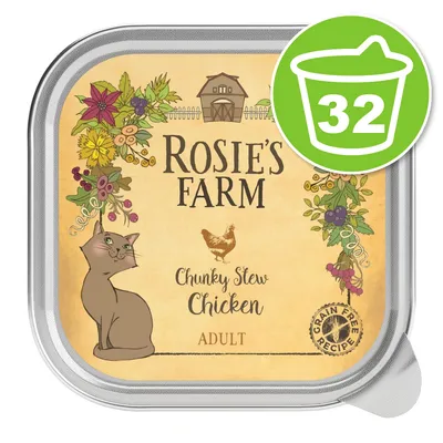 Barquette ROSIE'S FARM Chunky Stew Chicken ADULT, recette sans céréales, illustration de chat et poule, lot de 32 indiqué dans un cercle vert.