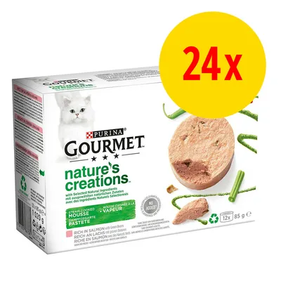 Purina Gourmet Nature's Creations, paté al vapor con salmón y judías verdes, 24x85g. Sin aditivos, envase reciclable.