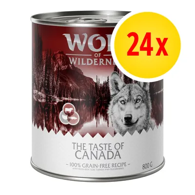 Pack of 24 cans, each 800g, labelled 'The Taste of Canada', 100% grain-free recipe with fresh beef, cod, turkey and cranberries.