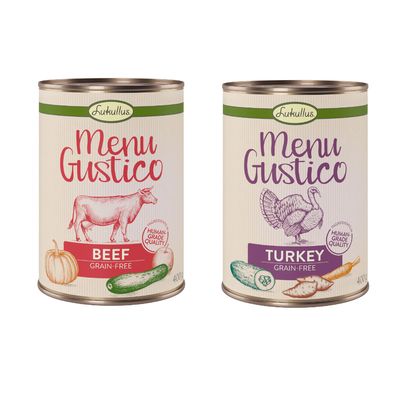 Menu Gustico Chicken Grain-Free, 12x400 g dåser. Synlig tekst: Human-Grade Quality, ingredienser af kylling og grøntsager på emballagen.