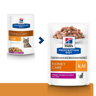 Changement d’emballage : Hill’s Prescription Diet Kidney Care k/d pour chat, with beef devient Tender Chunks in Gravy with Beef. Les deux sachets affichent le logo Hill’s et un chat.