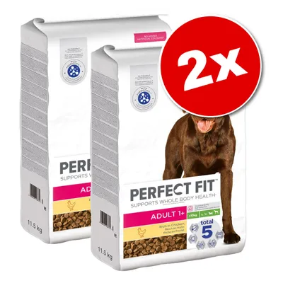 Lot de 2 sacs Perfect Fit Adult 1+ Rich in Chicken, 11,5 kg chacun. Texte visible : supports whole body health, total 5, no added artificial colourant, avec prébiotiques.
