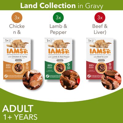 IAMS Land Collection in Gravy macskaeledel: 3x Chicken & Turkey, 3x Lamb & Red Pepper, 3x Beef & Liver. 1+ év, 99% állati fehérje, 100% teljes értékű, hozzáadott cukor nélkül.