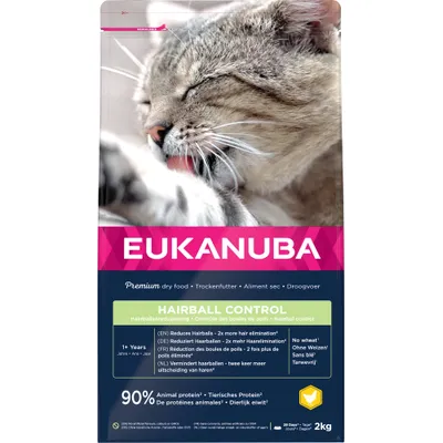 EUKANUBA Hairball Control katten droogvoer, 2 kg. Vermindert haarballen – twee keer meer uitscheiding van haren. 90% dierlijk eiwit. Zonder tarwe. Voor katten vanaf 1 jaar.