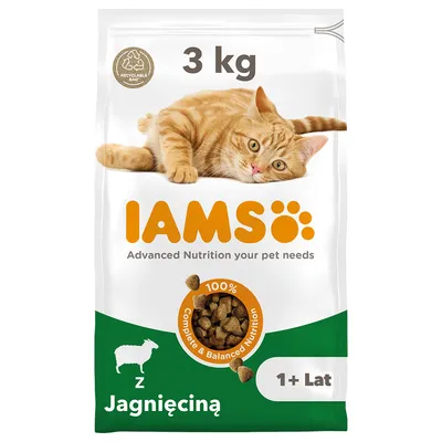 Karma dla kotów IAMS z jagnięciną, 3 kg, 1+ lat. Widoczny napis: Advanced Nutrition your pet needs, 100% Complete & Balanced Nutrition, opakowanie z recyklingu.