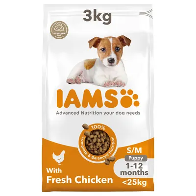 IAMS hondenvoer 3 kg, S/M Puppy 1–12 maanden, <25 kg, met verse kip, 100% complete & gebalanceerde voeding. Tekst: Advanced Nutrition your dog needs, recyclebare zak.