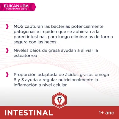 Eukanuba Veterinary Diets. MOS capturan bacterias, bajos niveles de grasa alivian la esteatorrea, omega 6 y 3 regulan inflamación. Intestinal 1+ año.