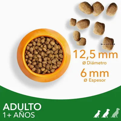 Pienso para perros adultos 1+ años, croquetas de 12,5 mm de diámetro y 6 mm de espesor, mostrado en cuenco naranja y detalle de tamaño de las croquetas.