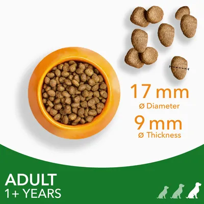 Granule v misce, detail tvaru a rozměrů: průměr 17 mm, tloušťka 9 mm. Text: ADULT 1+ YEARS.