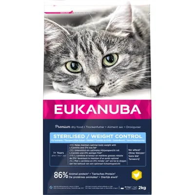 EUKANUBA Sterilised/Weight Control kattenvoer, premium droogvoer voor gesteriliseerde katten, 86% dierlijk eiwit, zonder tarwe, 2 kg verpakking. Voor katten vanaf 1 jaar.