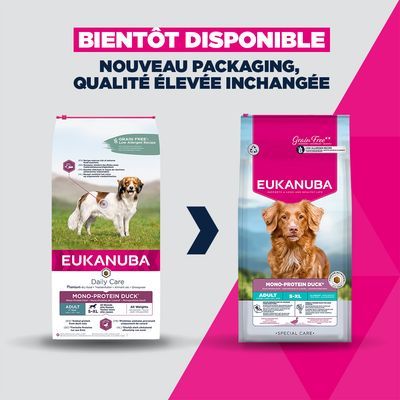 Sac Eukanuba Daily Care Mono-Protein Duck, croquettes pour chien adulte, toutes races S–XL, protéines animales provenant uniquement de canard, 12 kg, recette sans céréales.
