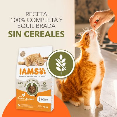 IAMS receta 100% completa y equilibrada sin cereales, con pollo fresco. Saco de pienso para gatos adultos 7,5 kg. Imagen de un gato comiendo una croqueta.