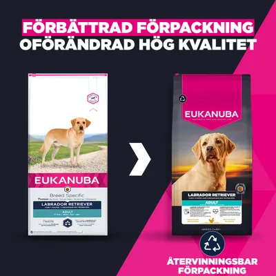 Eukanuba Labrador Retriever Adult. Jämförelse mellan gammal och ny förpackning, förbättrad återvinningsbar förpackning, oförändrat hög kvalitet. Eukanuba Labrador Retriever Adult. Jämförelse mellan gammal och ny förpackning, förbättrad återvinningsbar förpackning, oförändrat hög kvalitet.