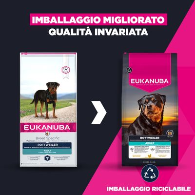 Eukanuba Rottweiler Adult: Cambio di confezione a un imballaggio riciclabile, la qualità rimane invariata.