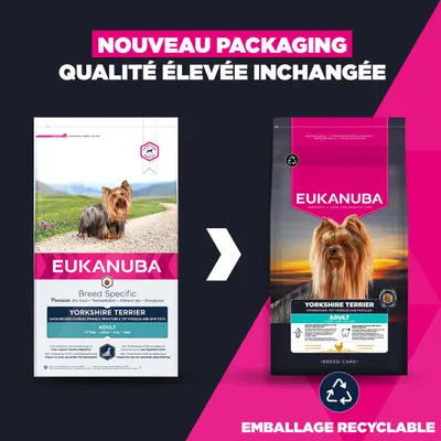 Eukanuba Yorkshire Terrier Adulte Croquettes : nouveau design d'emballage recyclable, qualité inchangée. Comparaison de l'ancien et du nouveau format d'emballage. Eukanuba Yorkshire Terrier Adulte Croquettes : nouveau design d'emballage recyclable, qualité inchangée. Comparaison de l'ancien et du nouveau format d'emballage.
