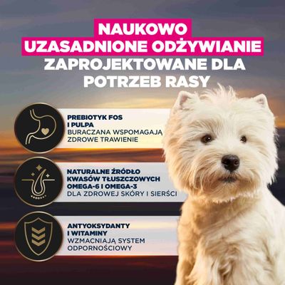 Naukowo opracowane żywienie, dostosowane do potrzeb rasowych: prebiotyki i wysłodki buraczane wspierają trawienie, kwasy omega-6/3 dla skóry i sierści, przeciwutleniacze wzmacniają układ odpornościowy.