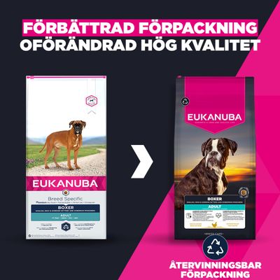 Jämförelse mellan den gamla och nya Eukanuba Boxer Adult-förpackningen med information om förbättrad, återvinningsbar förpackning och fortsatt hög kvalitet.