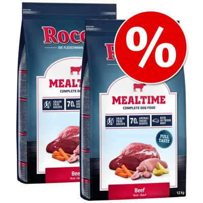 Rocco Mealtime Complete Dog Food Beef, 12kg bags, grain free recipe, 70% animal ingredients, rich in fresh beef, full taste. Red percentage discount symbol on pack. Rocco Mealtime Complete Dog Food Beef, 12kg bags, grain free recipe, 70% animal ingredients, rich in fresh beef, full taste. Red percentage discount symbol on pack.