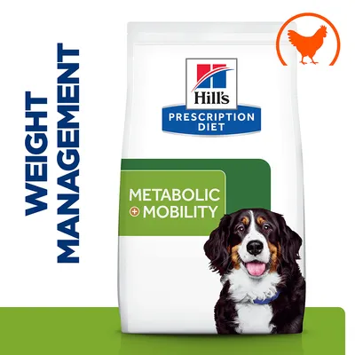 Hill's Prescription Diet Metabolic + Mobility -koiranruokapakkaus, teksti WEIGHT MANAGEMENT ja oranssi kanan siluetti näkyvissä